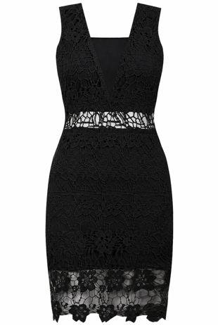 Black Crochet Plunge Mesh Front Bodycon Dress