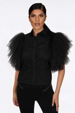 Black Tulle Sleeves Shirt 