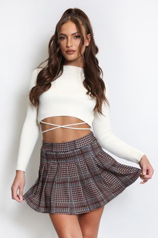 Brown Dogtooth Check Pleated Mini Skirt