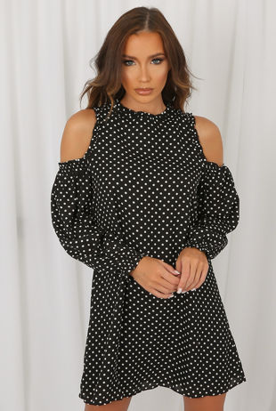 Polka Dot Cold Shoulder Shift Dress