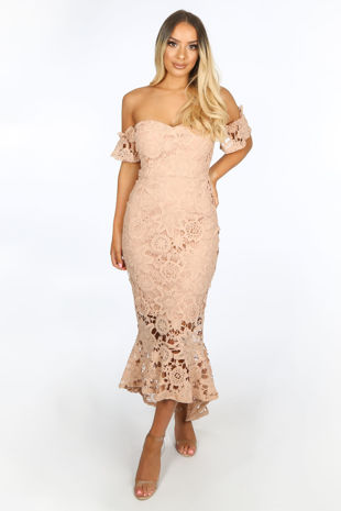 Nude Crochet Bardot Fish Tail Midi Dress