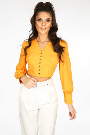 Cropped Button Front Blouse In Orange