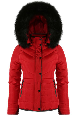 Red Puffer Jacket With Chunky Faux Fur Trim