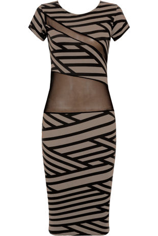 Beige and Black Striped Knitted Net Paneled Midi Dress