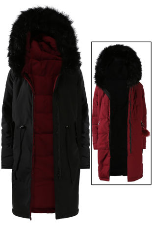 Black/Red Faux Fur Hood Reversible Long Line Coat