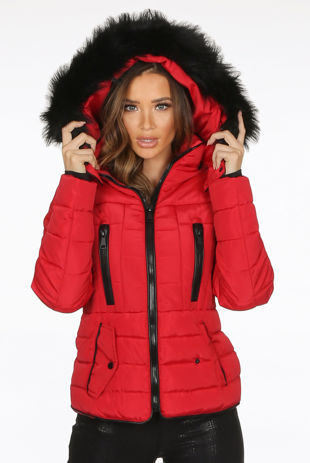 Red Faux Fur Hood Funnel Neck Puffer Jacket