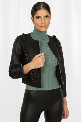 Pleated Trim PU Zip Up Biker Jacket 