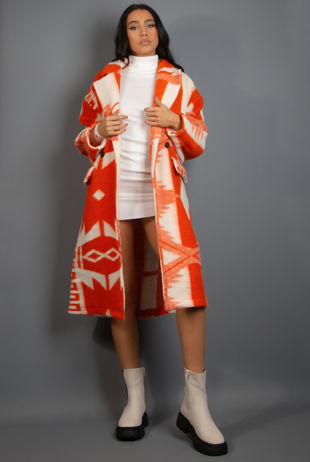 Coral Wool Aztec Overcoat