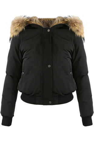Black Natural Fur Trim Hooded Jacket 