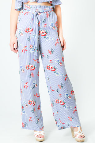 Blue Striped Floral Paper Bag Trouser