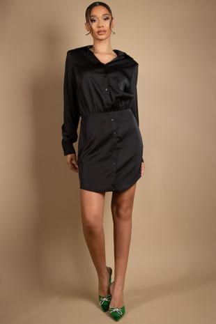 Black Satin Shirt Dress