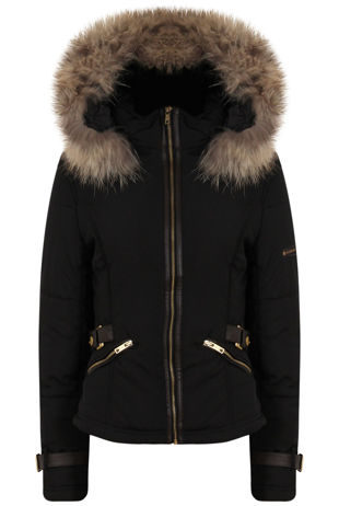 Black Waist Belt Fur Hood Premium Jacket