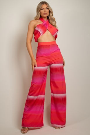 Fuchsia Tie Dye Print Halter Neck Crop Top & Wide Leg Trouser Set