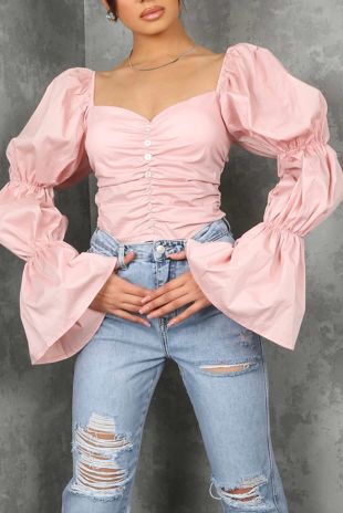 Baby Pink Ruched Front Puff Sleeve Top