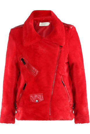 Red Fleece PU Trim Zip Up Jacket
