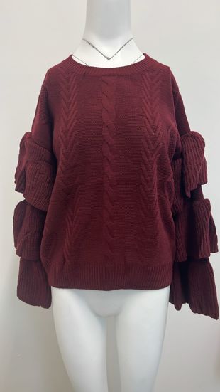 Wine Knitted Jumper With Frill Sleeve