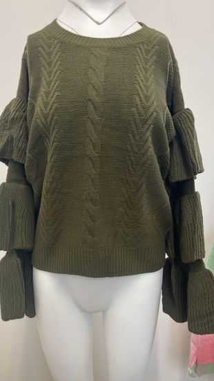Khaki Knitted Jumper With Frill Sleeve