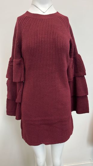 Wine Knitted Jumper Dress With Frill Sleeve