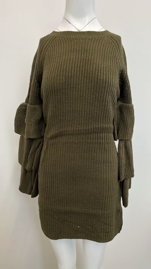 Khaki Knitted Jumper Dress With Frill Sleeve
