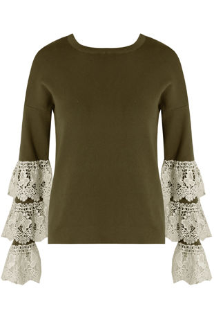 Khaki Layered Lace Bell Sleeve Jumper 