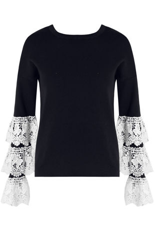 Navy Layered Lace Bell Sleeve Jumper 