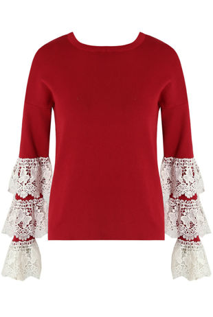 Wine Layered Lace Bell Sleeve Jumper 
