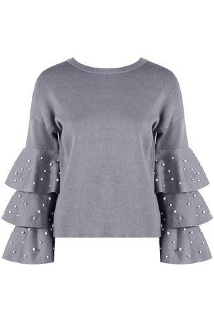 Grey Pearl Embellished Ruffle Sleeve Jumper