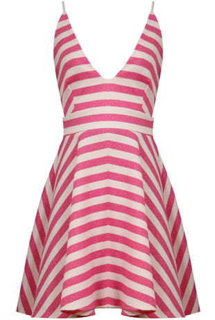 Pink & Cream Horizontal Stripe Print Flared Strappy Dress
