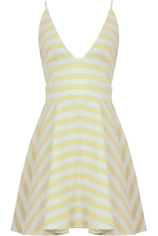 Yellow & Cream Horizontal Stripe Print Flared Strappy Dress