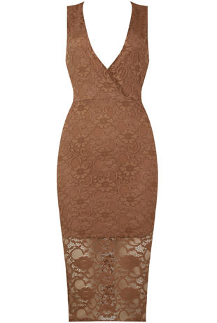 Taupe Floral Lace Textured Midi Dress