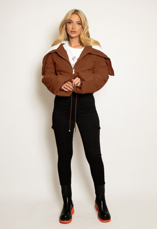 Cream Cropped Puffer Jacket With Borg Collar-Copy