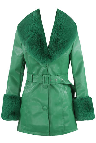 Green Faux Fur Belted PU Coat