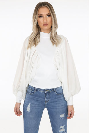 White Drape Wing Sleeve Mock Neck Blouse