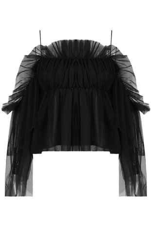 Black Cold Shoulder Elasticated Mesh Tops