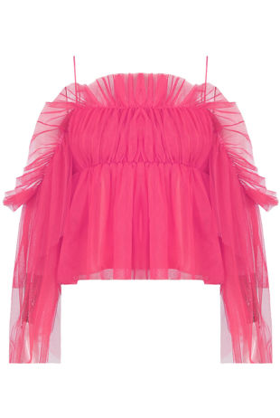 Fuchisa Cold Shoulder Elasticated Mesh Tops