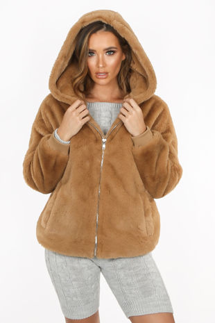 Luxe Faux Fur Zip Up Hoodie In Beige