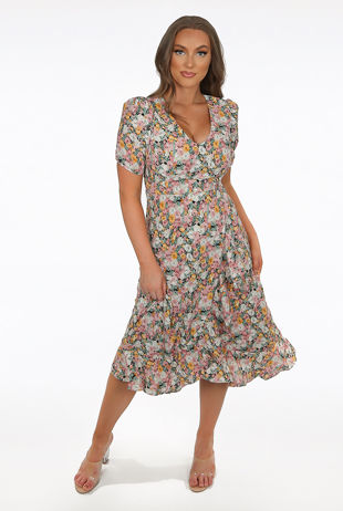 Green Floral Midi Wrap Dress