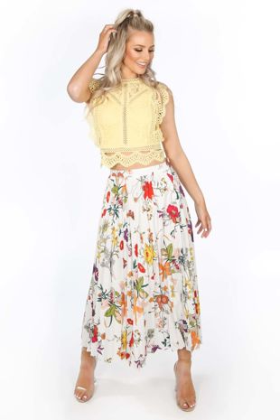 White Floral Pleated Midi Skirt