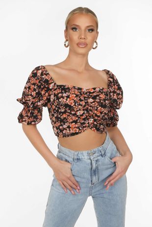 Black Floral Puff Sleeve Crop Top