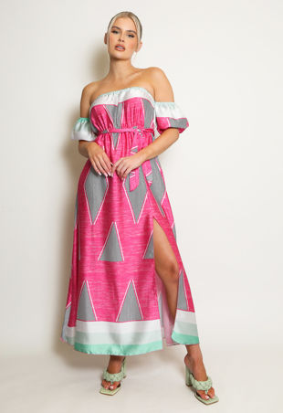 Fuchsia Satin Bardot Maxi Dress