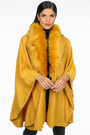 Mustard Faux Fur Trim Cape