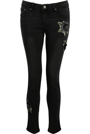 Black Denim Embroidered Floral Trim  Jeans