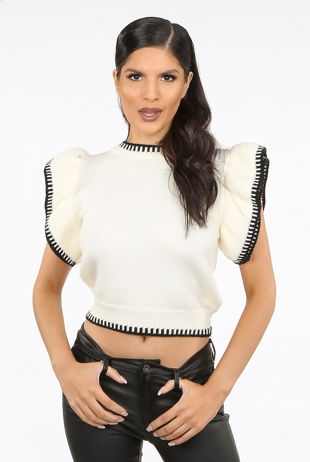 Cream Tier Sleeve High Neck Knitted Tops 