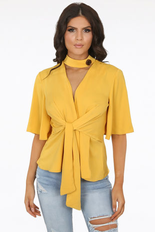 Mustard Choker Neck Tie Up Blouse