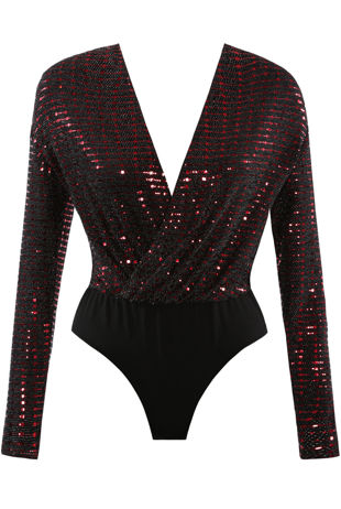 Burgundy Long Sleeve Rose Gold Embellished Bodysuit