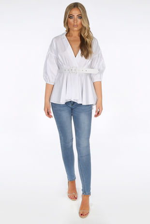 White Back Button Up Peplum Top