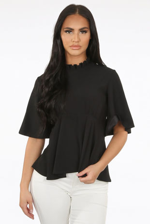 Black Pleated Back Zip Up High Neck Blouse