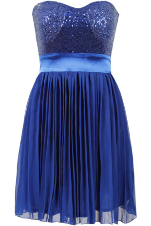 Blue Sequin Bodice Pleated Skirt Party Dress