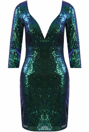 Green Plunge Long Sleeve Sequin Dress