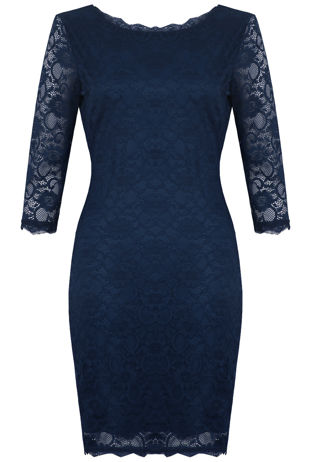 Navy Flower Lace Detail Back Zip Up Bodycon Dress